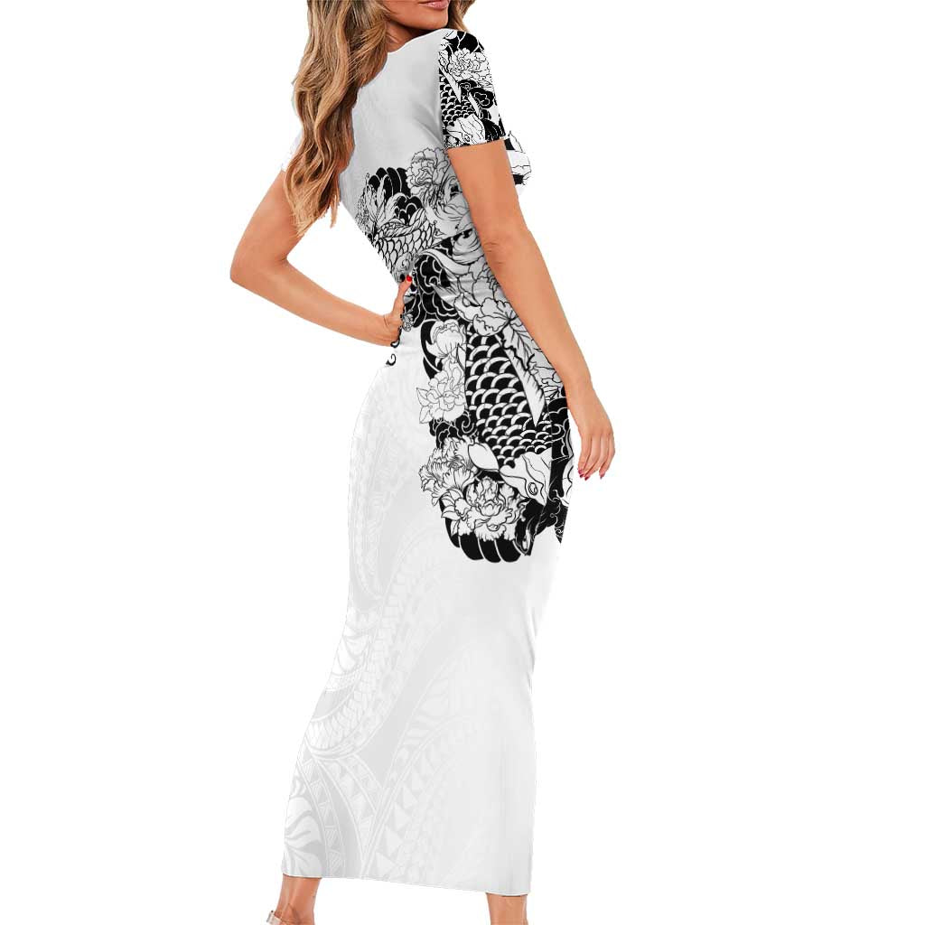 Hawaiian and Japanese Together Family Matching Short Sleeve Bodycon Dress and Hawaiian Shirt Japanese Koi Fish Tattoo and Kakau Pattern White Color LT03 - Polynesian Pride