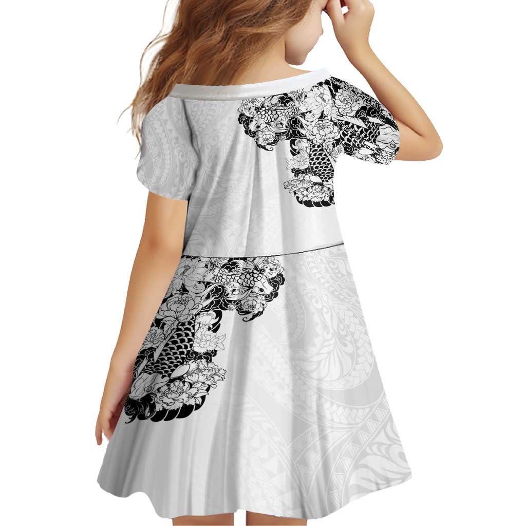 Hawaiian and Japanese Together Family Matching Summer Maxi Dress and Hawaiian Shirt Japanese Koi Fish Tattoo and Kakau Pattern White Color LT03 - Polynesian Pride