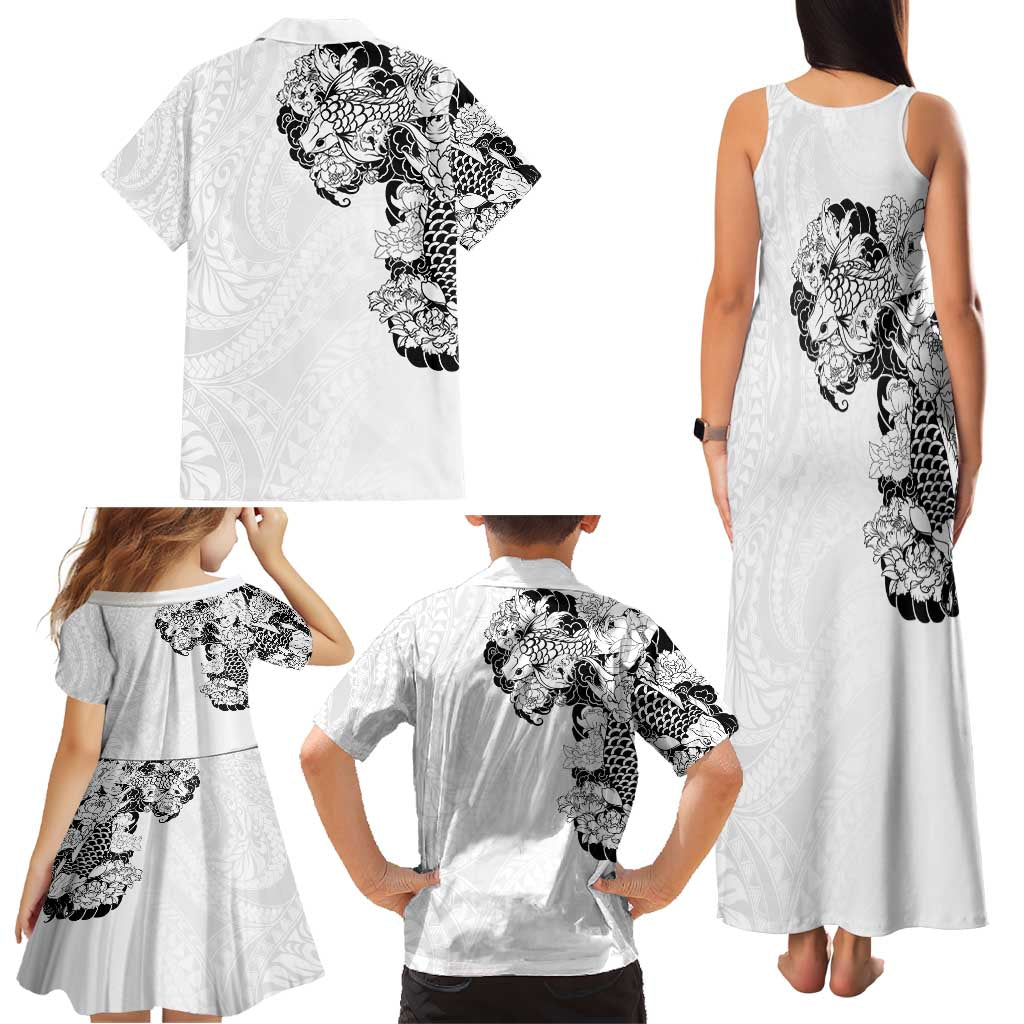 Hawaiian and Japanese Together Family Matching Tank Maxi Dress and Hawaiian Shirt Japanese Koi Fish Tattoo and Kakau Pattern White Color LT03 - Polynesian Pride