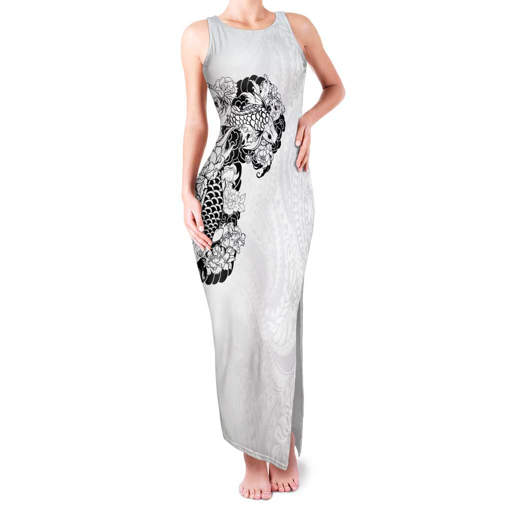 Hawaiian and Japanese Together Family Matching Tank Maxi Dress and Hawaiian Shirt Japanese Koi Fish Tattoo and Kakau Pattern White Color LT03 Mom's Dress White - Polynesian Pride
