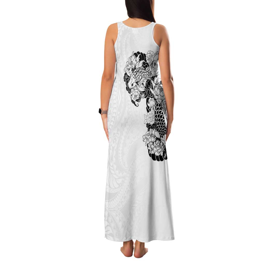 Hawaiian and Japanese Together Family Matching Tank Maxi Dress and Hawaiian Shirt Japanese Koi Fish Tattoo and Kakau Pattern White Color LT03 - Polynesian Pride