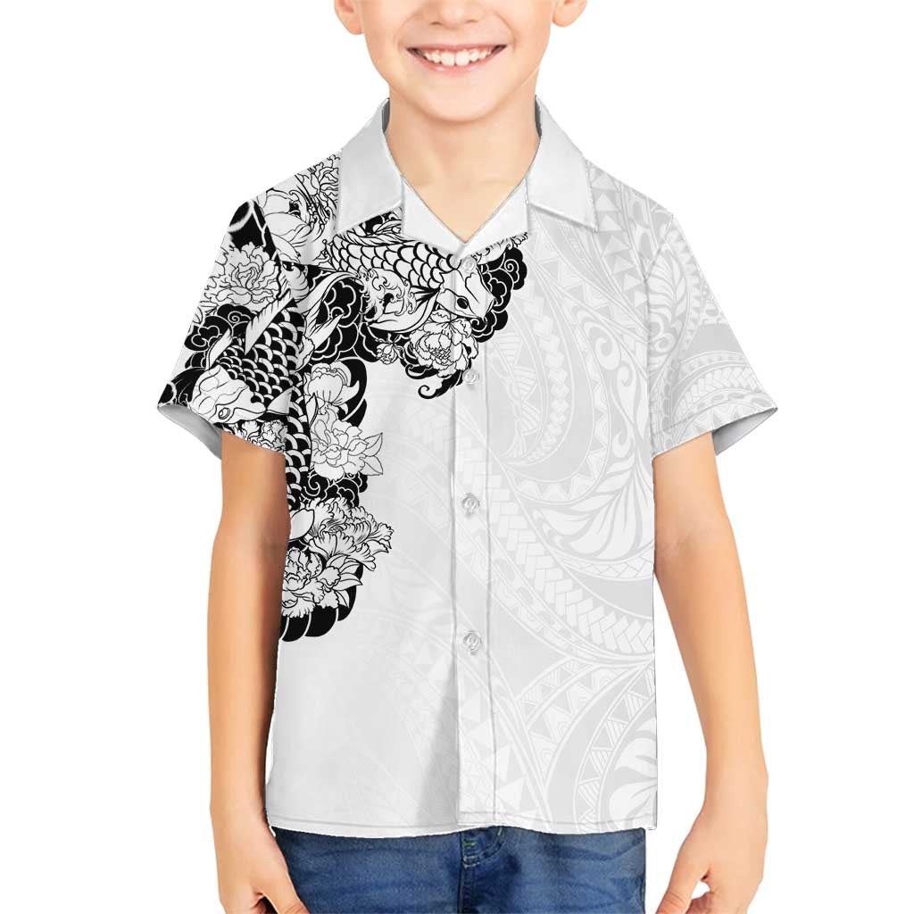 Hawaiian and Japanese Together Family Matching Tank Maxi Dress and Hawaiian Shirt Japanese Koi Fish Tattoo and Kakau Pattern White Color LT03 Son's Shirt White - Polynesian Pride