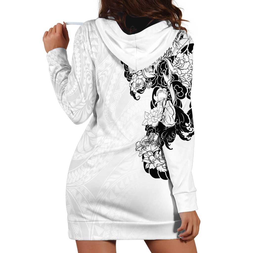 Hawaiian and Japanese Together Hoodie Dress Japanese Koi Fish Tattoo and Kakau Pattern White Color LT03 - Polynesian Pride