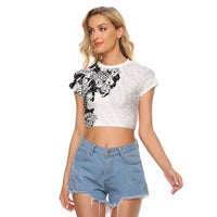 Hawaiian and Japanese Together Raglan Cropped T Shirt Japanese Koi Fish Tattoo and Kakau Pattern White Color