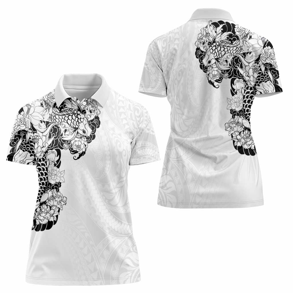 Hawaiian and Japanese Together Women Polo Shirt Japanese Koi Fish Tattoo and Kakau Pattern White Color LT03 - Polynesian Pride