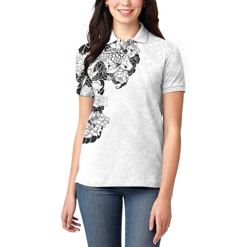 Hawaiian and Japanese Together Women Polo Shirt Japanese Koi Fish Tattoo and Kakau Pattern White Color LT03 - Polynesian Pride