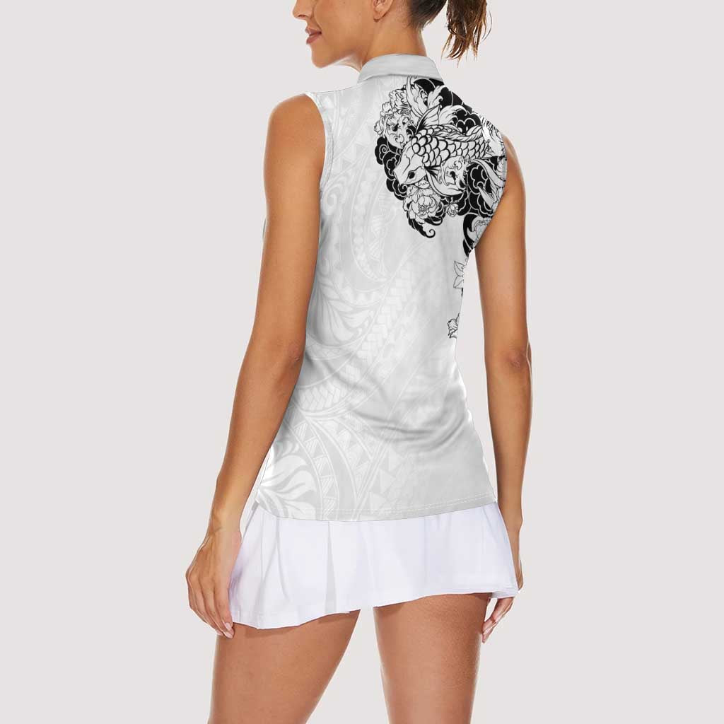Hawaiian and Japanese Together Women Sleeveless Polo Shirt Japanese Koi Fish Tattoo and Kakau Pattern White Color LT03 - Polynesian Pride