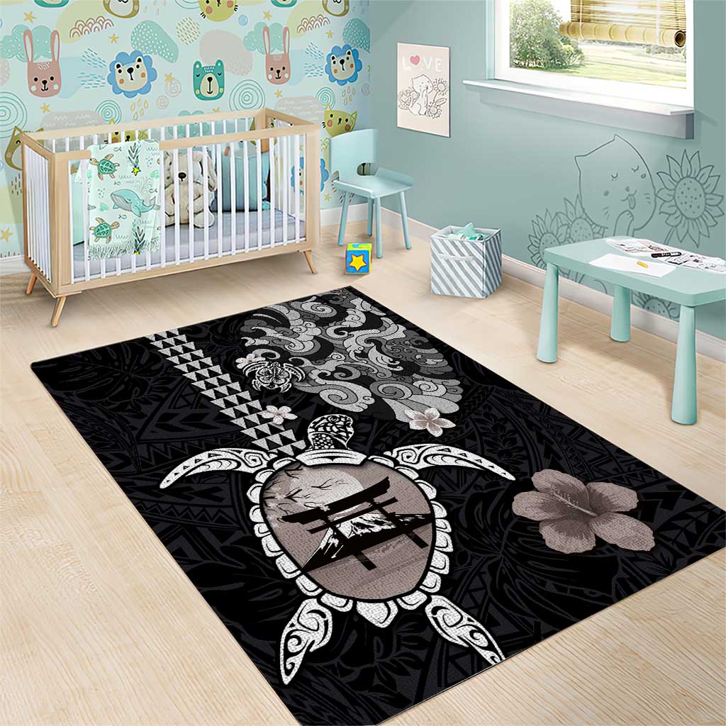 Hawaiian and Japanese Together Area Rug Japanese Culture and Turtle Kakau Tattoo Black Color LT03 - Polynesian Pride