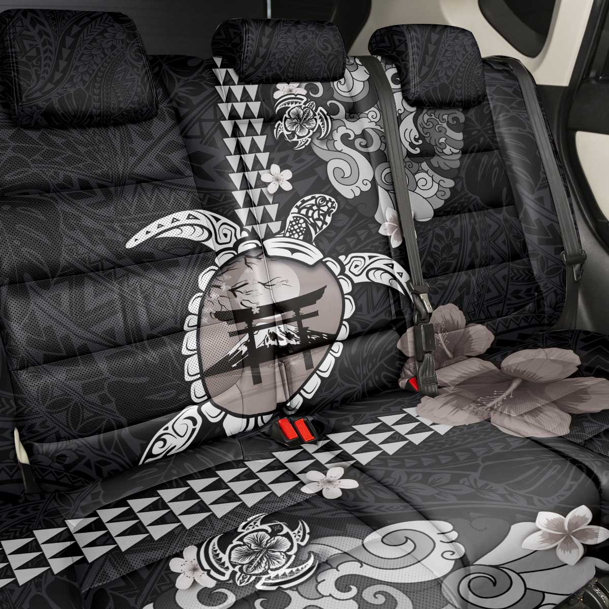 Hawaiian and Japanese Together Back Car Seat Cover Japanese Culture and Turtle Kakau Tattoo Black Color LT03 - Polynesian Pride