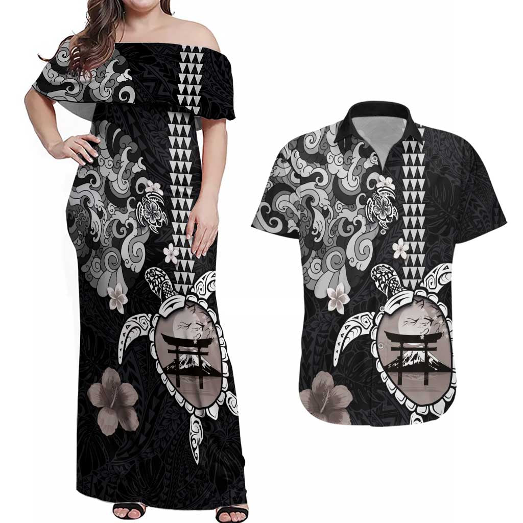 Hawaiian and Japanese Together Couples Matching Off Shoulder Maxi Dress and Hawaiian Shirt Japanese Culture and Turtle Kakau Tattoo Black Color LT03 Black - Polynesian Pride