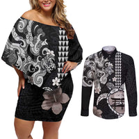 Hawaiian and Japanese Together Couples Matching Off Shoulder Short Dress and Long Sleeve Button Shirt Japanese Culture and Turtle Kakau Tattoo Black Color