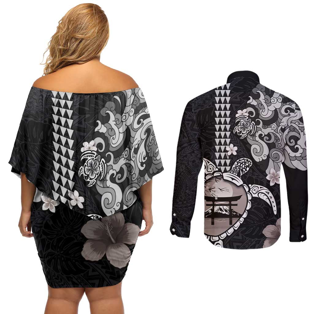 Hawaiian and Japanese Together Couples Matching Off Shoulder Short Dress and Long Sleeve Button Shirt Japanese Culture and Turtle Kakau Tattoo Black Color