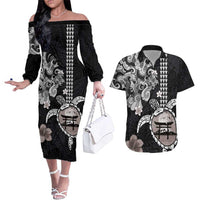 Hawaiian and Japanese Together Couples Matching Off The Shoulder Long Sleeve Dress and Hawaiian Shirt Japanese Culture and Turtle Kakau Tattoo Black Color