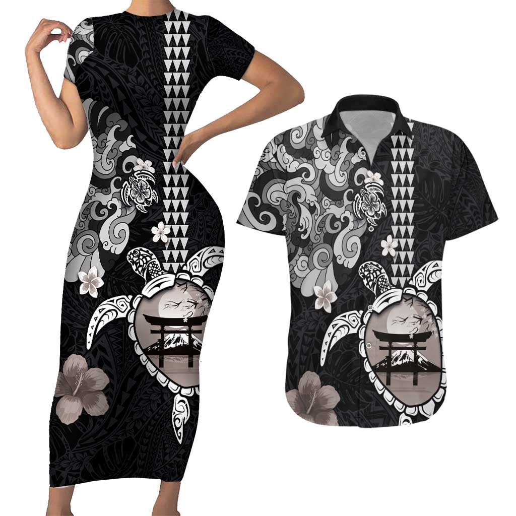Hawaiian and Japanese Together Couples Matching Short Sleeve Bodycon Dress and Hawaiian Shirt Japanese Culture and Turtle Kakau Tattoo Black Color LT03 Black - Polynesian Pride