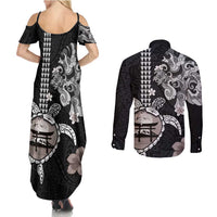 Hawaiian and Japanese Together Couples Matching Summer Maxi Dress and Long Sleeve Button Shirt Japanese Culture and Turtle Kakau Tattoo Black Color
