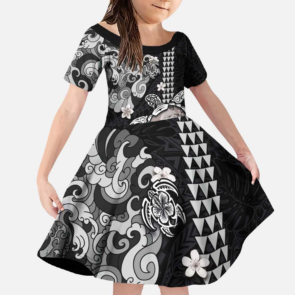 Hawaiian and Japanese Together Family Matching Long Sleeve Bodycon Dress and Hawaiian Shirt Japanese Culture and Turtle Kakau Tattoo Black Color LT03 Daughter's Dress Black - Polynesian Pride