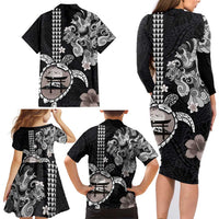 Hawaiian and Japanese Together Family Matching Long Sleeve Bodycon Dress and Hawaiian Shirt Japanese Culture and Turtle Kakau Tattoo Black Color LT03 - Polynesian Pride