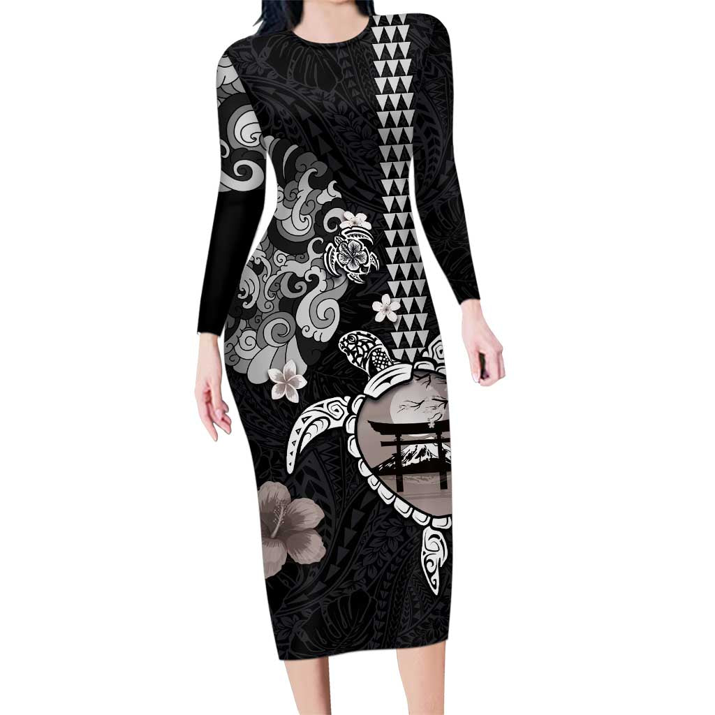 Hawaiian and Japanese Together Family Matching Long Sleeve Bodycon Dress and Hawaiian Shirt Japanese Culture and Turtle Kakau Tattoo Black Color LT03 Mom's Dress Black - Polynesian Pride