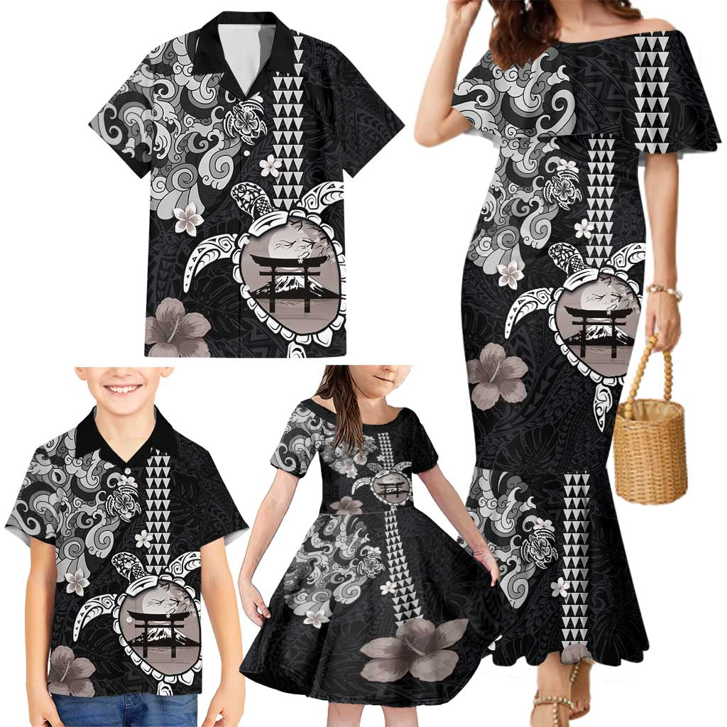 Hawaiian and Japanese Together Family Matching Mermaid Dress and Hawaiian Shirt Japanese Culture and Turtle Kakau Tattoo Black Color LT03 - Polynesian Pride