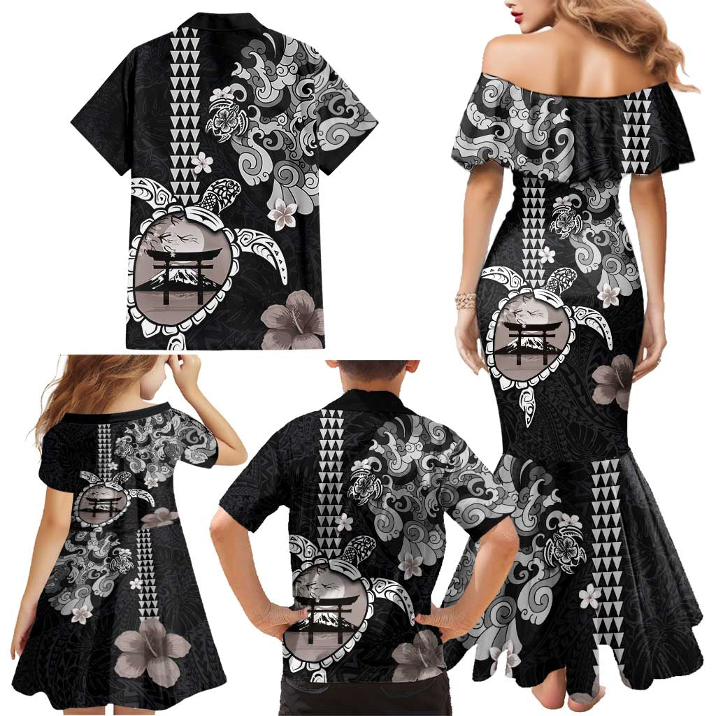 Hawaiian and Japanese Together Family Matching Mermaid Dress and Hawaiian Shirt Japanese Culture and Turtle Kakau Tattoo Black Color LT03 - Polynesian Pride