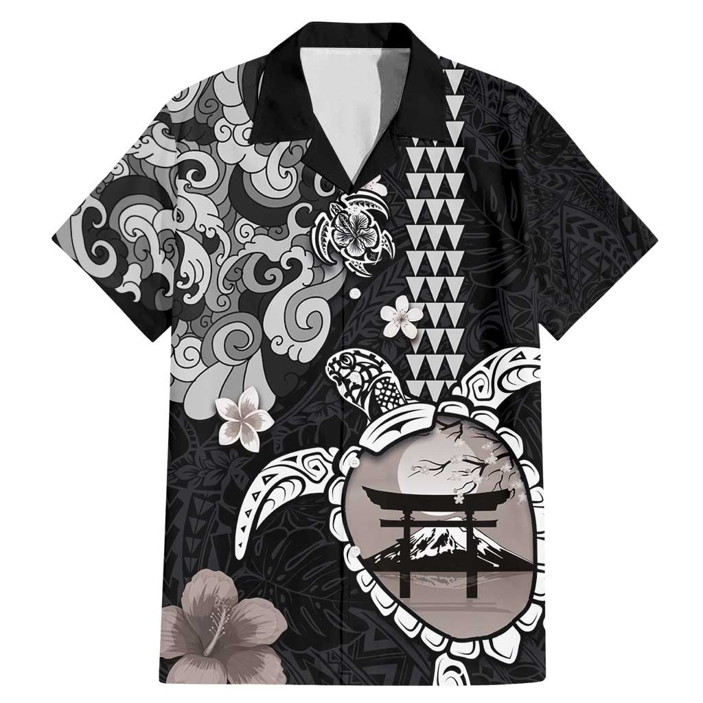 Hawaiian and Japanese Together Family Matching Mermaid Dress and Hawaiian Shirt Japanese Culture and Turtle Kakau Tattoo Black Color LT03 Dad's Shirt - Short Sleeve Black - Polynesian Pride