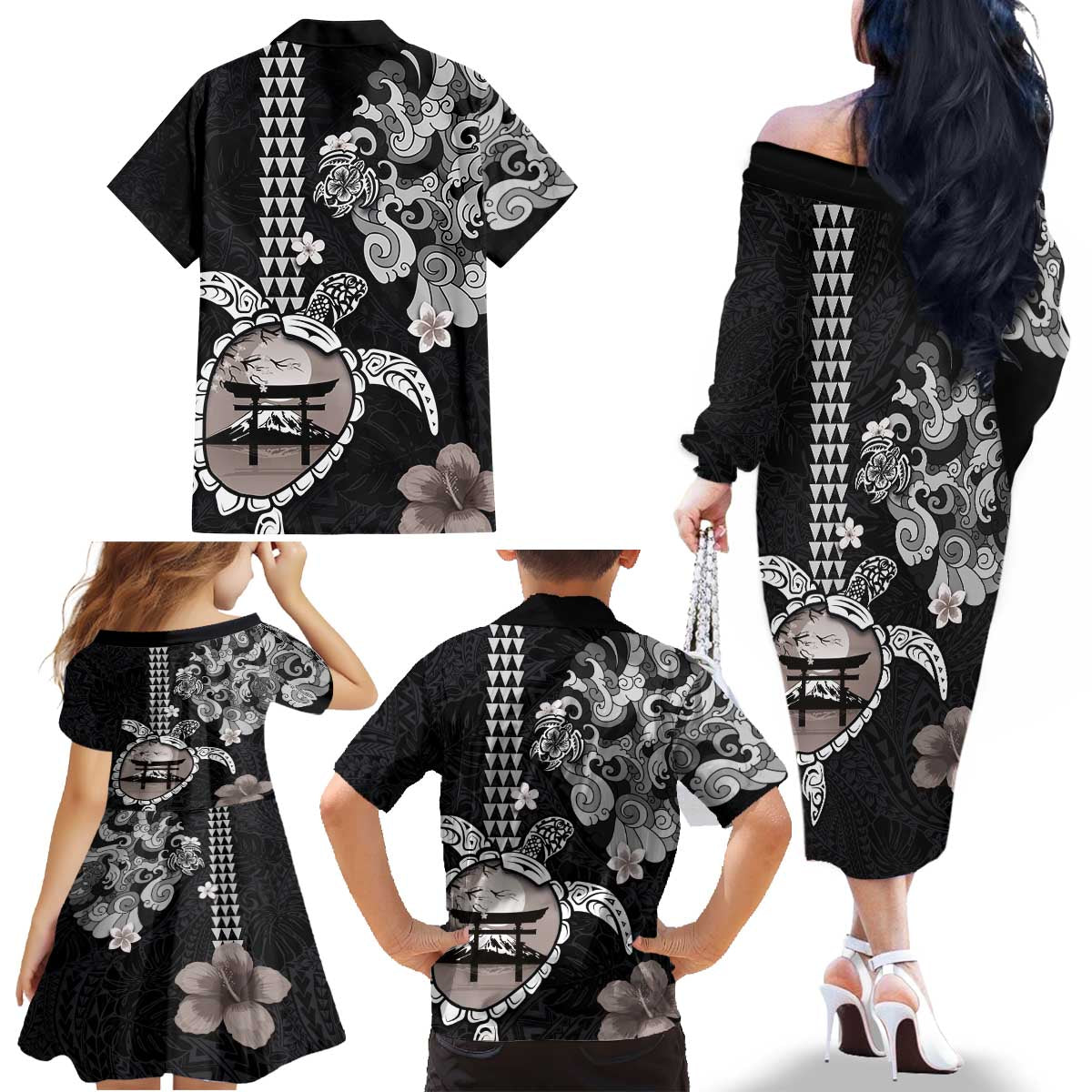 Hawaiian and Japanese Together Family Matching Off The Shoulder Long Sleeve Dress and Hawaiian Shirt Japanese Culture and Turtle Kakau Tattoo Black Color LT03 - Polynesian Pride