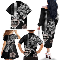 Hawaiian and Japanese Together Family Matching Off The Shoulder Long Sleeve Dress and Hawaiian Shirt Japanese Culture and Turtle Kakau Tattoo Black Color LT03 - Polynesian Pride