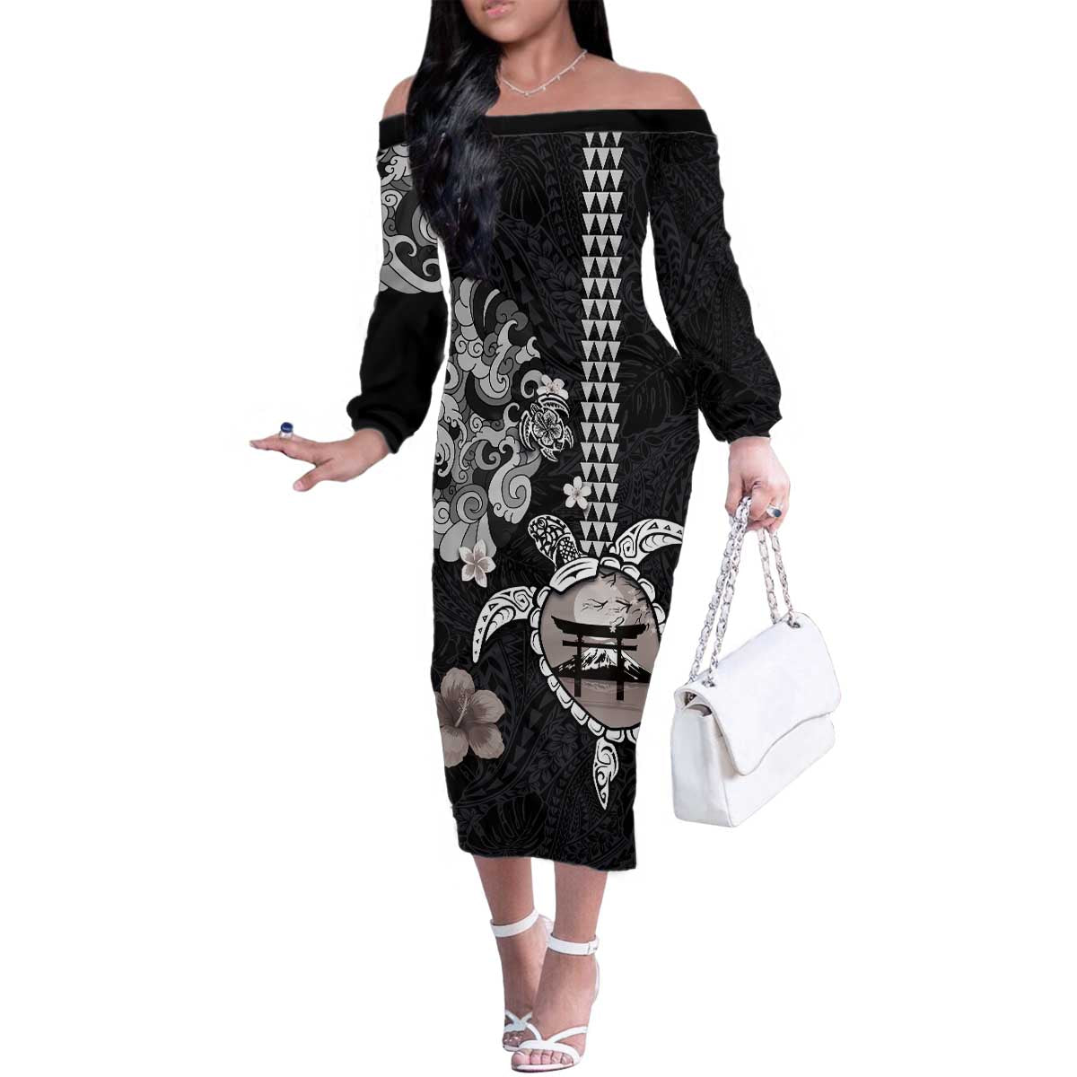 Hawaiian and Japanese Together Family Matching Off The Shoulder Long Sleeve Dress and Hawaiian Shirt Japanese Culture and Turtle Kakau Tattoo Black Color LT03 Mom's Dress Black - Polynesian Pride