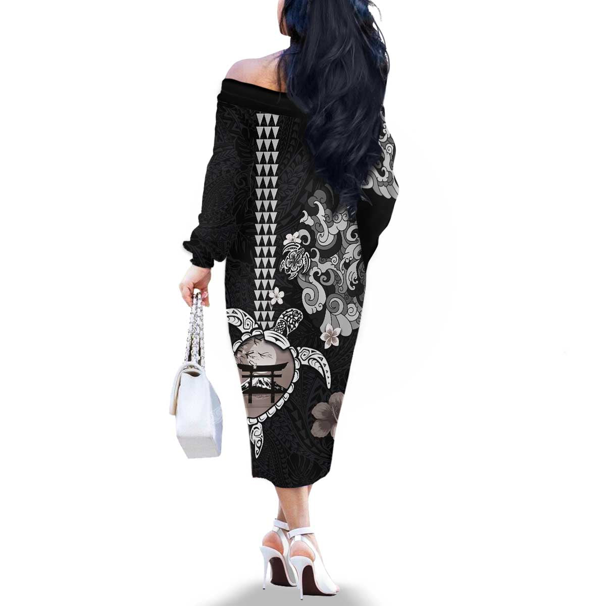Hawaiian and Japanese Together Family Matching Off The Shoulder Long Sleeve Dress and Hawaiian Shirt Japanese Culture and Turtle Kakau Tattoo Black Color LT03 - Polynesian Pride