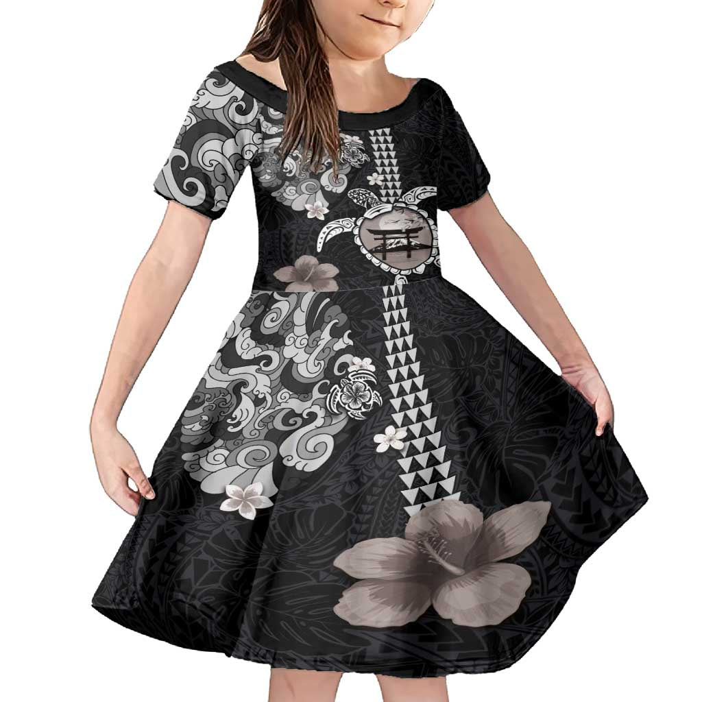 Hawaiian and Japanese Together Family Matching Off Shoulder Maxi Dress and Hawaiian Shirt Japanese Culture and Turtle Kakau Tattoo Black Color LT03 Daughter's Dress Black - Polynesian Pride