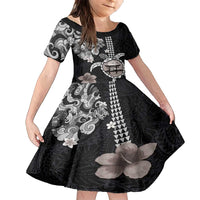 Hawaiian and Japanese Together Family Matching Off Shoulder Maxi Dress and Hawaiian Shirt Japanese Culture and Turtle Kakau Tattoo Black Color LT03 Daughter's Dress Black - Polynesian Pride