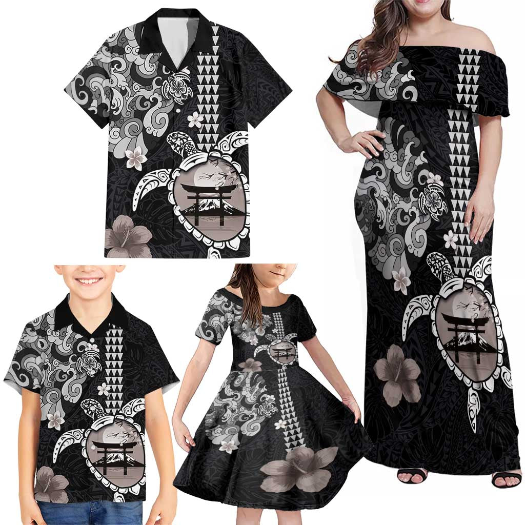 Hawaiian and Japanese Together Family Matching Off Shoulder Maxi Dress and Hawaiian Shirt Japanese Culture and Turtle Kakau Tattoo Black Color LT03 - Polynesian Pride
