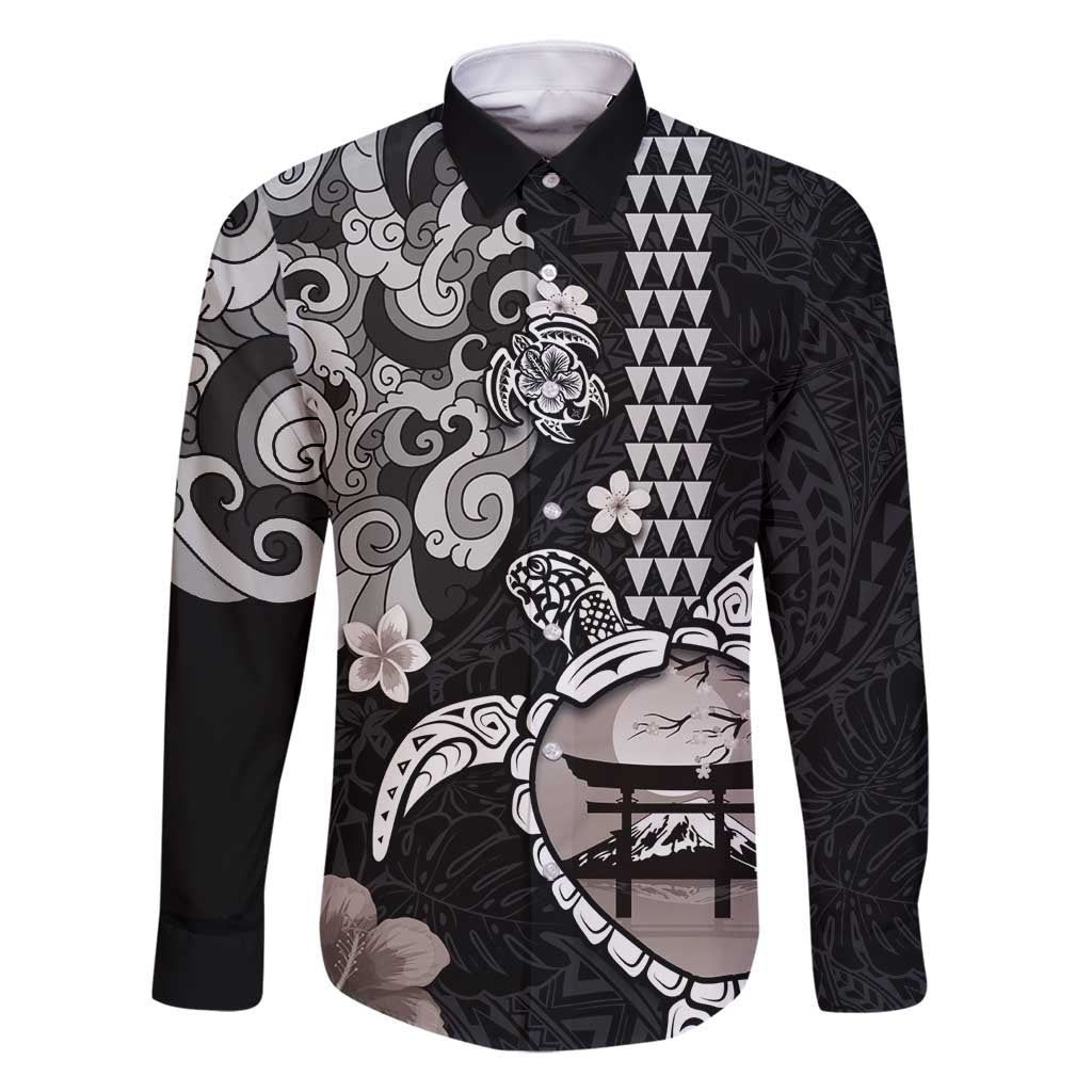 Hawaiian and Japanese Together Family Matching Off Shoulder Maxi Dress and Hawaiian Shirt Japanese Culture and Turtle Kakau Tattoo Black Color LT03 Dad's Shirt - Long Sleeve Black - Polynesian Pride