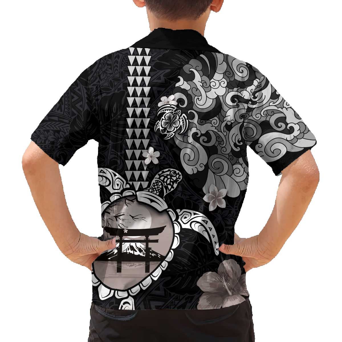 Hawaiian and Japanese Together Family Matching Off Shoulder Short Dress and Hawaiian Shirt Japanese Culture and Turtle Kakau Tattoo Black Color LT03 - Polynesian Pride