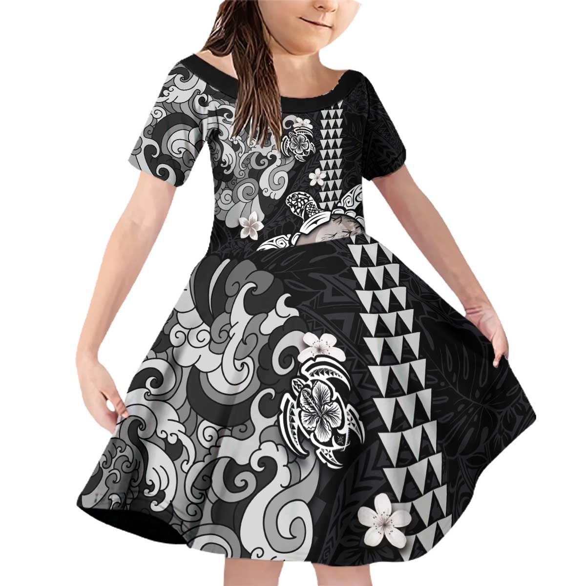 Hawaiian and Japanese Together Family Matching Off Shoulder Short Dress and Hawaiian Shirt Japanese Culture and Turtle Kakau Tattoo Black Color LT03 Daughter's Dress Black - Polynesian Pride