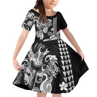 Hawaiian and Japanese Together Family Matching Off Shoulder Short Dress and Hawaiian Shirt Japanese Culture and Turtle Kakau Tattoo Black Color LT03 Daughter's Dress Black - Polynesian Pride