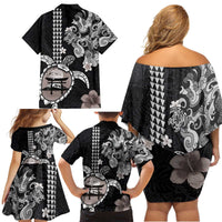 Hawaiian and Japanese Together Family Matching Off Shoulder Short Dress and Hawaiian Shirt Japanese Culture and Turtle Kakau Tattoo Black Color LT03 - Polynesian Pride