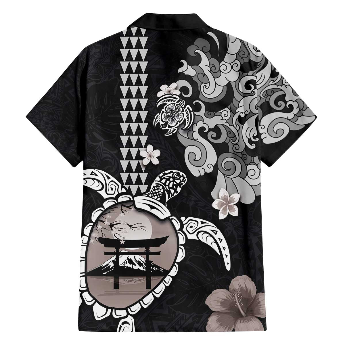 Hawaiian and Japanese Together Family Matching Off Shoulder Short Dress and Hawaiian Shirt Japanese Culture and Turtle Kakau Tattoo Black Color LT03 - Polynesian Pride