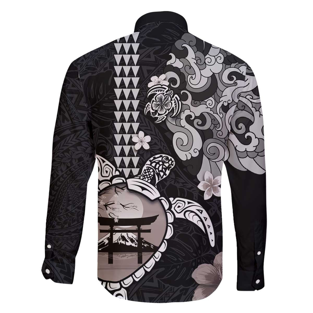 Hawaiian and Japanese Together Family Matching Off Shoulder Short Dress and Hawaiian Shirt Japanese Culture and Turtle Kakau Tattoo Black Color LT03 - Polynesian Pride