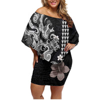 Hawaiian and Japanese Together Family Matching Off Shoulder Short Dress and Hawaiian Shirt Japanese Culture and Turtle Kakau Tattoo Black Color LT03 Mom's Dress Black - Polynesian Pride