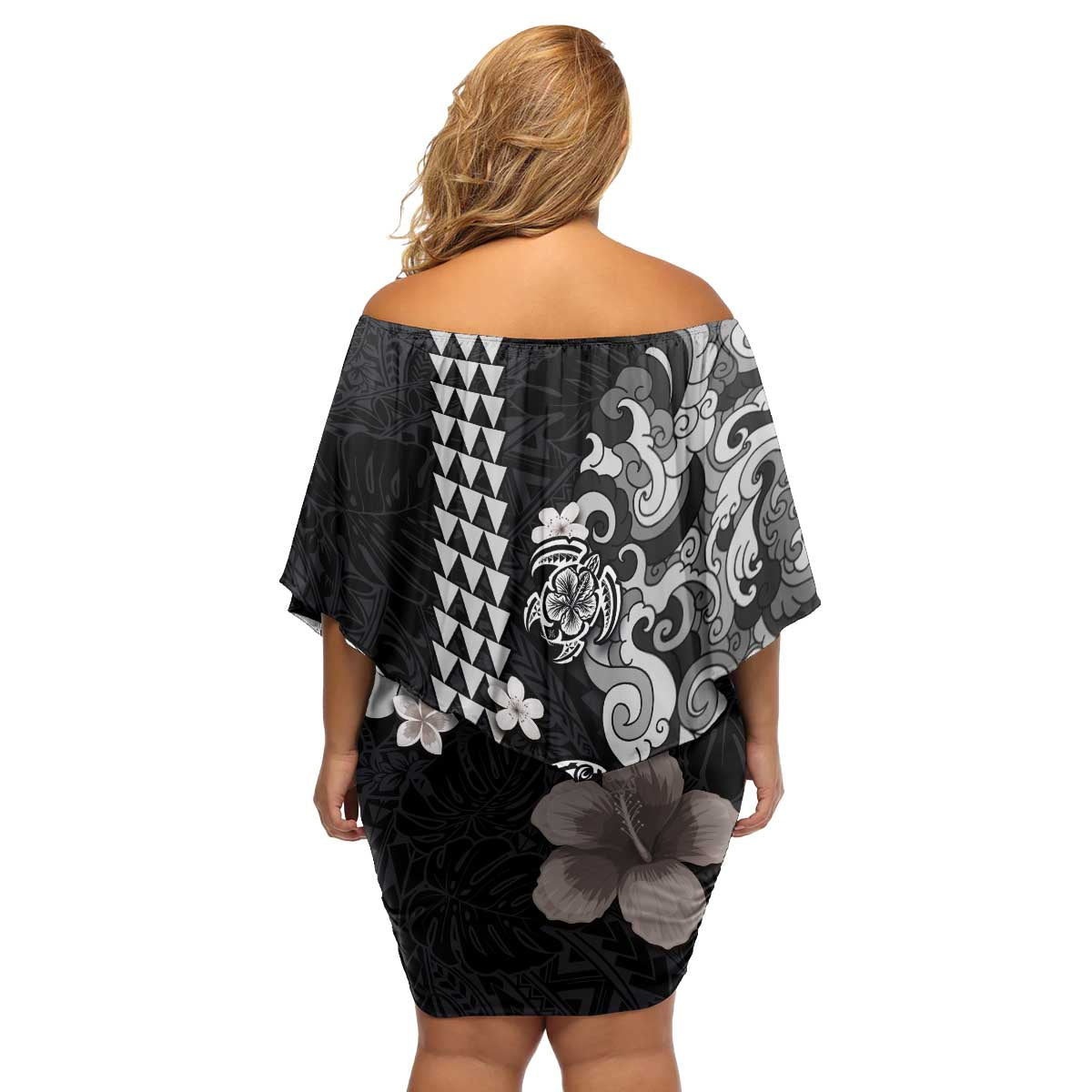 Hawaiian and Japanese Together Family Matching Off Shoulder Short Dress and Hawaiian Shirt Japanese Culture and Turtle Kakau Tattoo Black Color LT03 - Polynesian Pride