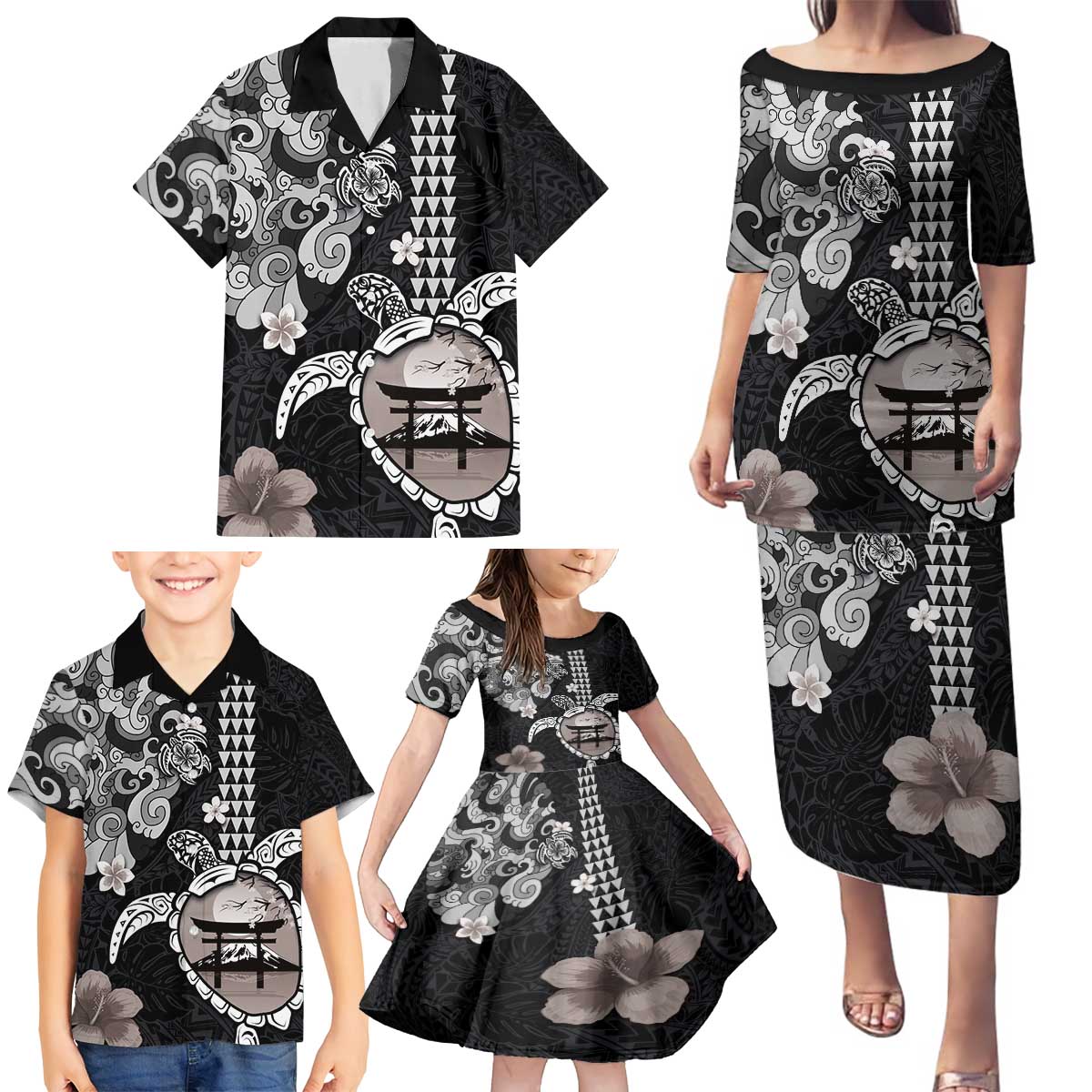 Hawaiian and Japanese Together Family Matching Puletasi and Hawaiian Shirt Japanese Culture and Turtle Kakau Tattoo Black Color LT03 - Polynesian Pride