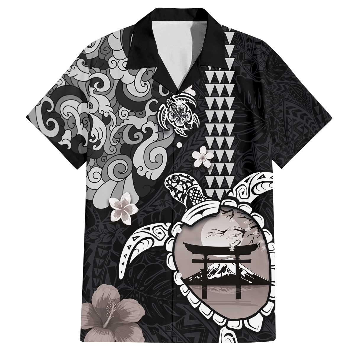 Hawaiian and Japanese Together Family Matching Puletasi and Hawaiian Shirt Japanese Culture and Turtle Kakau Tattoo Black Color LT03 Dad's Shirt - Short Sleeve Black - Polynesian Pride