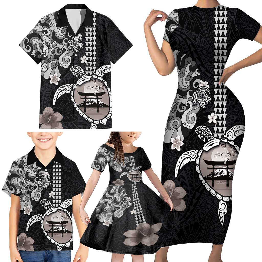 Hawaiian and Japanese Together Family Matching Short Sleeve Bodycon Dress and Hawaiian Shirt Japanese Culture and Turtle Kakau Tattoo Black Color LT03 - Polynesian Pride