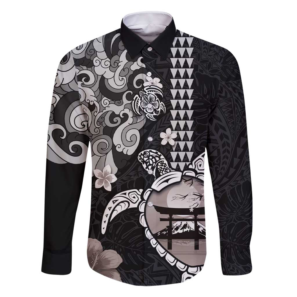 Hawaiian and Japanese Together Family Matching Short Sleeve Bodycon Dress and Hawaiian Shirt Japanese Culture and Turtle Kakau Tattoo Black Color LT03 Dad's Shirt - Long Sleeve Black - Polynesian Pride