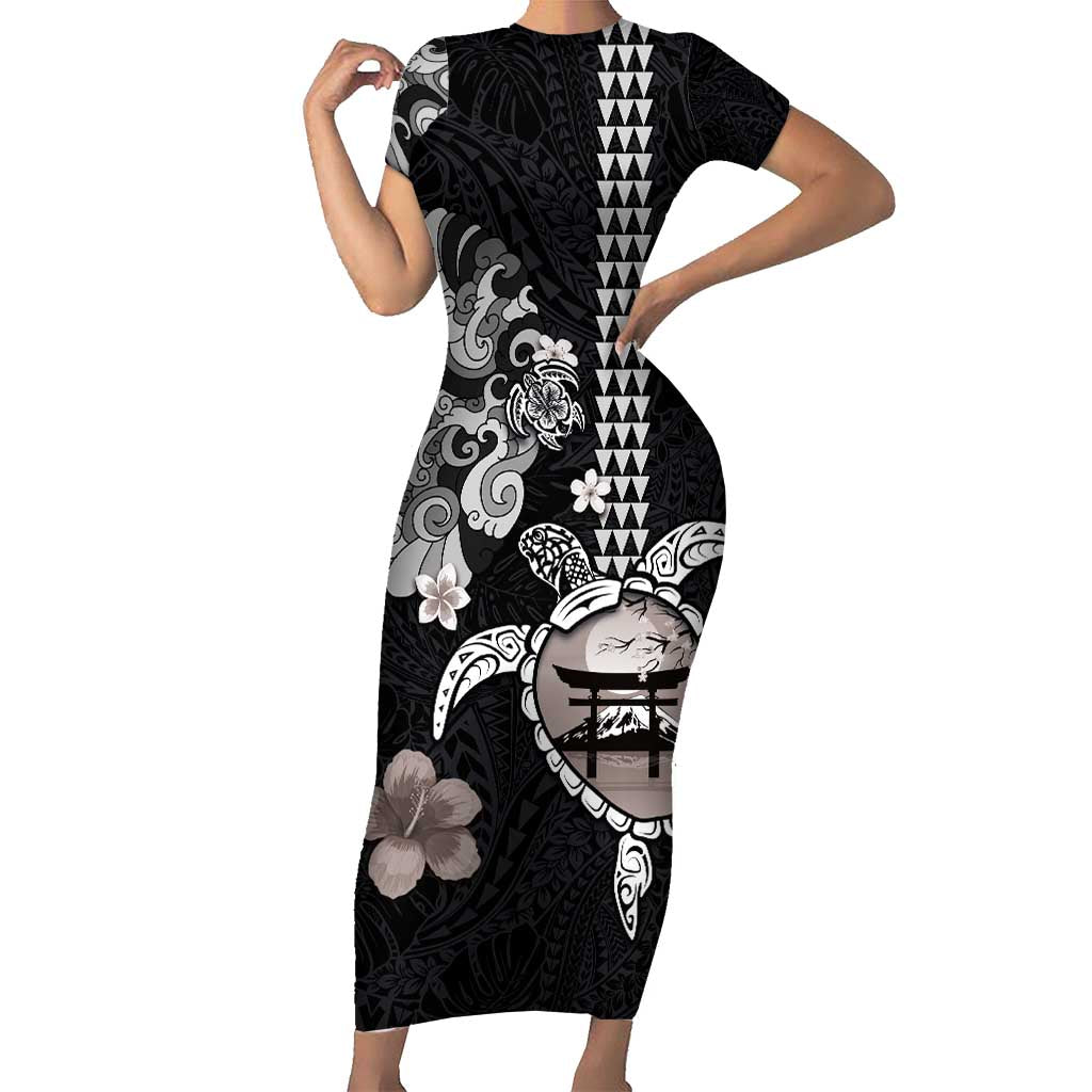 Hawaiian and Japanese Together Family Matching Short Sleeve Bodycon Dress and Hawaiian Shirt Japanese Culture and Turtle Kakau Tattoo Black Color LT03 Mom's Dress Black - Polynesian Pride