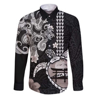 Hawaiian and Japanese Together Family Matching Tank Maxi Dress and Hawaiian Shirt Japanese Culture and Turtle Kakau Tattoo Black Color LT03 Dad's Shirt - Long Sleeve Black - Polynesian Pride