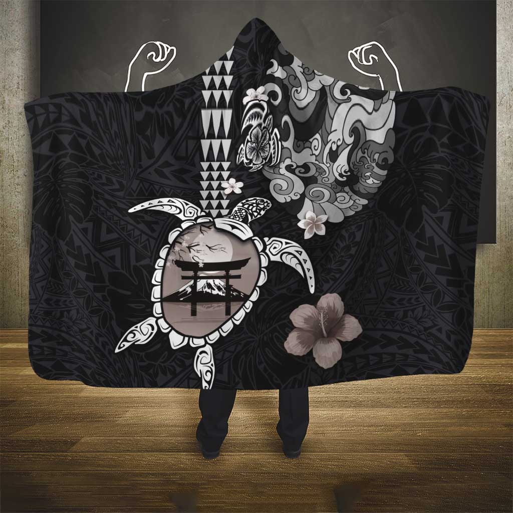 Hawaiian and Japanese Together Hooded Blanket Japanese Culture and Turtle Kakau Tattoo Black Color LT03 - Polynesian Pride
