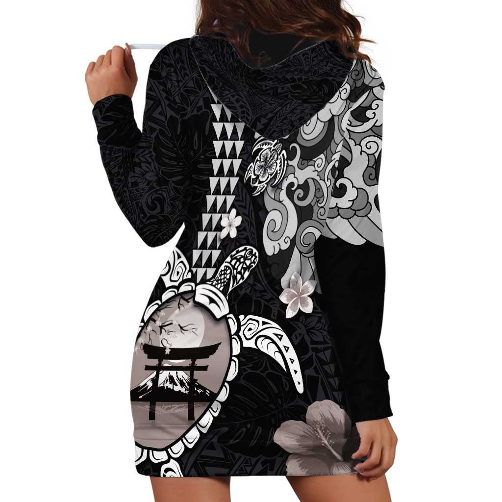 Hawaiian and Japanese Together Hoodie Dress Japanese Culture and Turtle Kakau Tattoo Black Color LT03 - Polynesian Pride