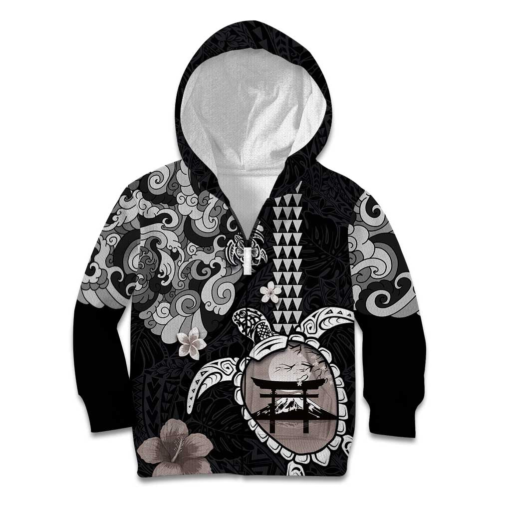 Hawaiian and Japanese Together Kid Hoodie Japanese Culture and Turtle Kakau Tattoo Black Color LT03 Zip Hoodie Black - Polynesian Pride